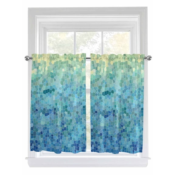 Kitchen Curtains 54 Inches length, Turquoise Blue Teal Window Treatment Curtain Drapes, Chic Stained Glass Texture Aesthetic Decorative Window Curtains for Bedroom Cafe, 52"x54", 2 Panels