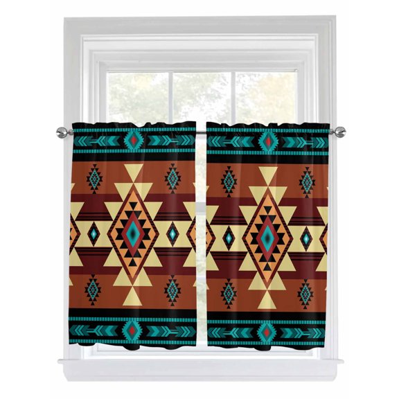 Kitchen Curtains 54 Inches length, Turquoise Red Window Treatment Curtain Drapes, Southwest American Native Abstract Pattern Decorative Window Curtains for Bedroom Cafe, 52"x54", 2 Panels