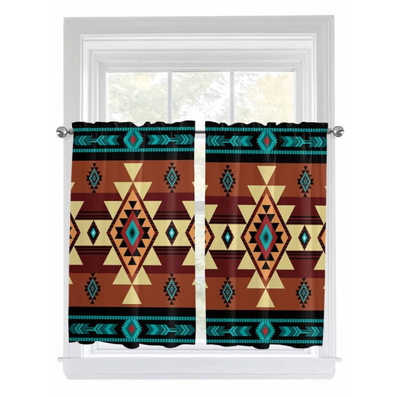 Kitchen Curtains 54 Inches length, Turquoise Red Window Treatment Curtain Drapes, Southwest American Native Abstract Pattern Thermal Insulated Drapes for Basement Hotel RV, 42"x54", 2 Panels