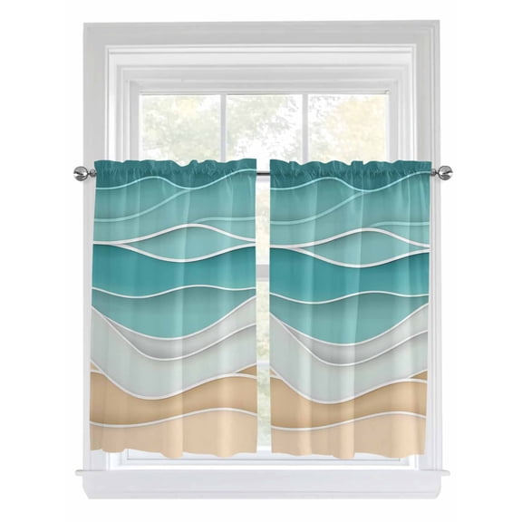 Kitchen Curtains 54 Inches length, Turquoise Window Treatment Curtain Drapes, Ocean Wave Stripes Modern Abstract Beach Decorative Window Curtains for Bedroom Cafe, 52"x54", 2 Panels