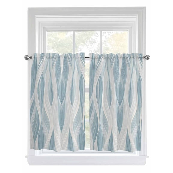 Kitchen Curtains 54 Inches length, White Blue Ombre Stripe Window Treatment Curtain Drapes, Modern Abstract Moire Waves Decorative Window Curtains for Bedroom Cafe, 52"x54", 2 Panels