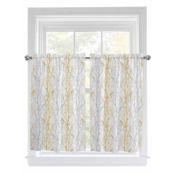 Kitchen Curtains 54 Inches length, Yellow Grey Window Treatment Curtain Drapes, Pastoral Botanical Branch Aesthetics Thermal Insulated Drapes for Basement Hotel RV, 42"x54", 2 Panels