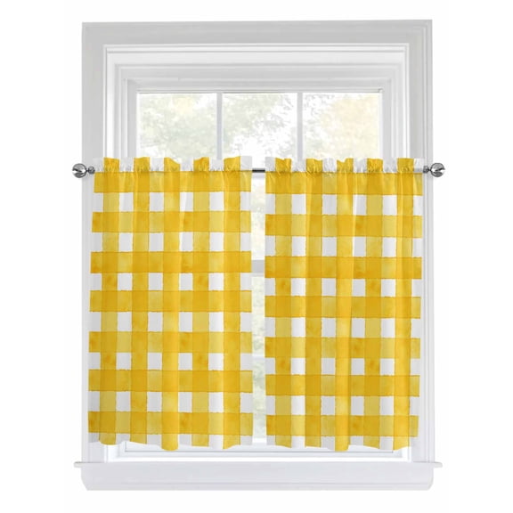 Kitchen Curtains 54 Inches length, Yellow Plaid Window Treatment Curtain Drapes, Watercolor Grid Checker Gingham Farmhouse Decorative Window Curtains for Bedroom Cafe, 52"x54", 2 Panels