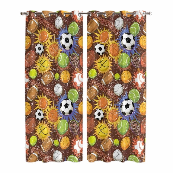Kitchen Curtains 84 Inch Length 2 Panels, Ball Games Grommets Window Treatment Curtain, Colored Football Baseball Basketball Rugby Thermal Curtains Drapes for Living Room/Bathroom