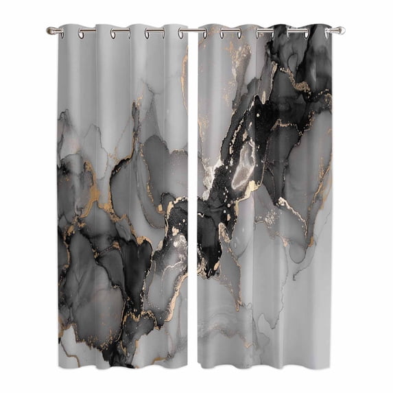 Kitchen Curtains 84 Inch Length 2 Panels, Black Gold Marble Grommets Window Treatment Curtain, Vintage Abstract Geometric Gradient Thermal Curtains Drapes for Living Room/Bathroom