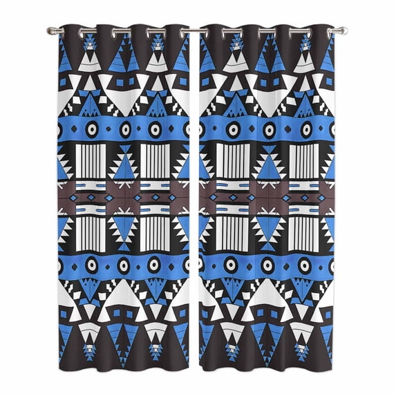 Kitchen Curtains 84 Inch Length 2 Panels, Blue Black Geometric Grommets Window Treatment Curtain, Modern Aztec Abstract Pattern Thermal Curtains Drapes for Living Room/Bathroom