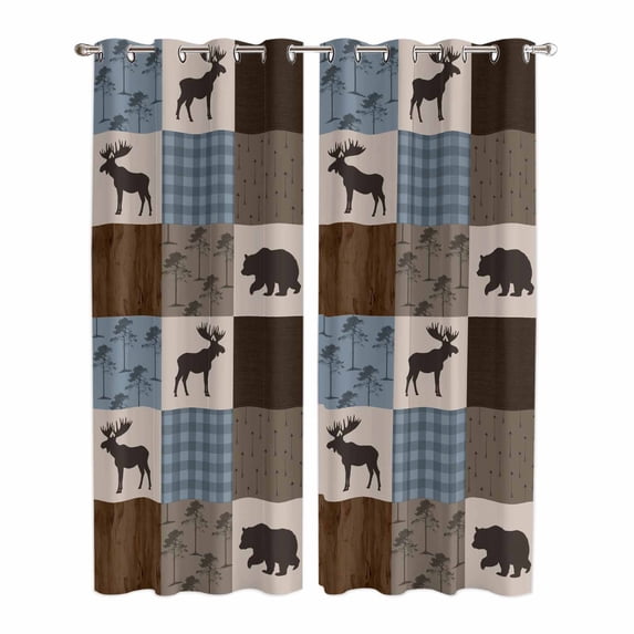 Kitchen Curtains 84 Inch Length 2 Panels, Blue Checkered Cabin Grommets Window Treatment Curtain, Farmhouse Forest Brown Buffalo Plaid Thermal Curtains Drapes for Living Room/Bathroom
