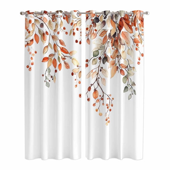 Kitchen Curtains 84 Inch Length 2 Panels, Fall Leaves Grommets Window Treatment Curtain, Farmhouse Orange Eucalyptus Leaf Floral Thermal Curtains Drapes for Living Room/Bathroom