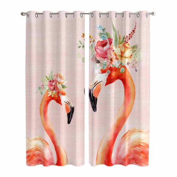 Kitchen Curtains 84 Inch Length 2 Panels, Flamingo Birds Grommets Window Treatment Curtain, Pink Animals Floral Abstract Oil Painting Thermal Curtains Drapes for Living Room/Bathroom