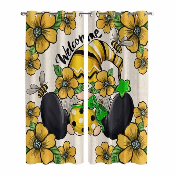 Kitchen Curtains 84 Inch Length 2 Panels, Flower Gnomes Grommets Window Treatment Curtain, Farmhouse Retro Botanical Floral Star Bee Thermal Curtains Drapes for Living Room/Bathroom