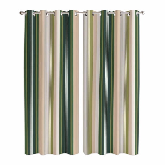 Kitchen Curtains 84 Inch Length 2 Panels, Green Brown Striped Grommets Window Treatment Curtain, Modern Stripes Art Farmhouse Thermal Curtains Drapes for Living Room/Bathroom