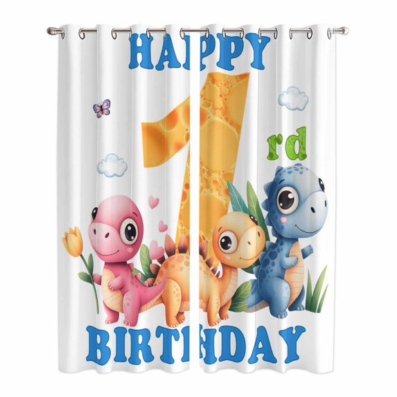 Kitchen Curtains 84 Inch Length 2 Panels, Happy 1rd Birthday Grommets Window Treatment Curtain, Cartoon Cute Pink Yellow Blue Dinosaurs Floral Thermal Curtains Drapes for Living Room/Bathroom