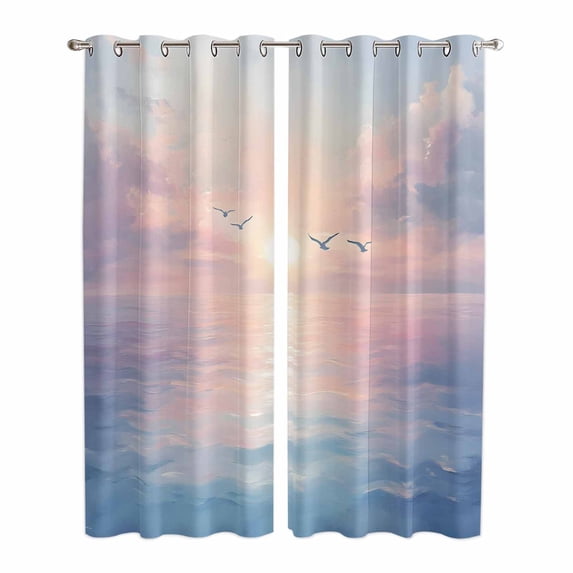Kitchen Curtains 84 Inch Length 2 Panels, Ocean Seagull Grommets Window Treatment Curtain, Pink Blue Sunset Clouds Gradient Landscape Thermal Curtains Drapes for Living Room/Bathroom
