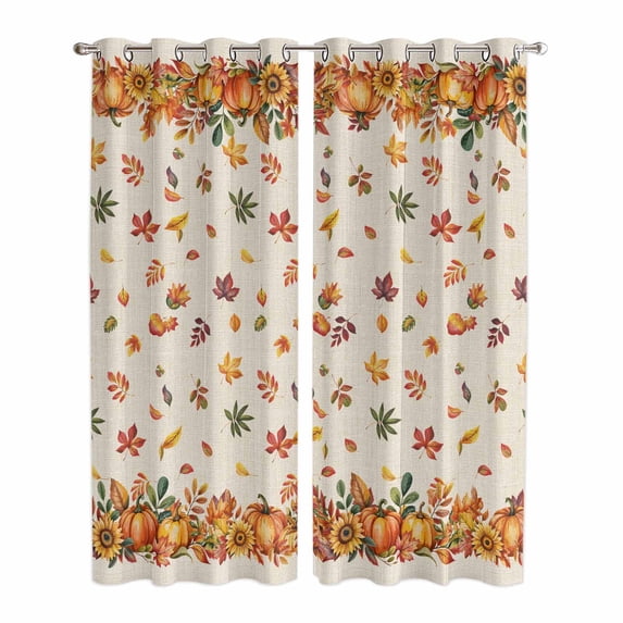 Kitchen Curtains 84 Inch Length 2 Panels, Orange Yellow Pumpkins Grommets Window Treatment Curtain, Autumn Leaves Rustic Vintage Thermal Curtains Drapes for Living Room/Bathroom