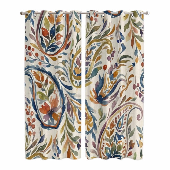 Kitchen Curtains 84 Inch Length 2 Panels, Paisley Flower Grommets Window Treatment Curtain, Spring Watercolor Vintage Floral Leaf Plant Thermal Curtains Drapes for Living Room/Bathroom