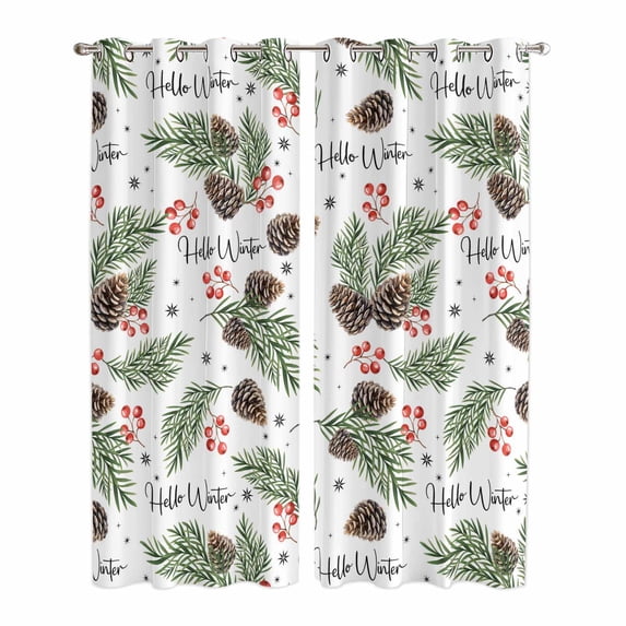 Kitchen Curtains 84 Inch Length 2 Panels, Pine Cones Grommets Window Treatment Curtain, Winter Branches Berry Snowflakes Plants Thermal Curtains Drapes for Living Room/Bathroom