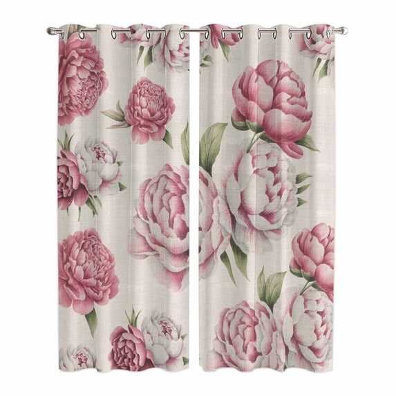 Kitchen Curtains 84 Inch Length 2 Panels, Pink Floral Grommets Window Treatment Curtain, Spring Summer Vintage Flower Leaf Thermal Curtains Drapes for Living Room/Bathroom