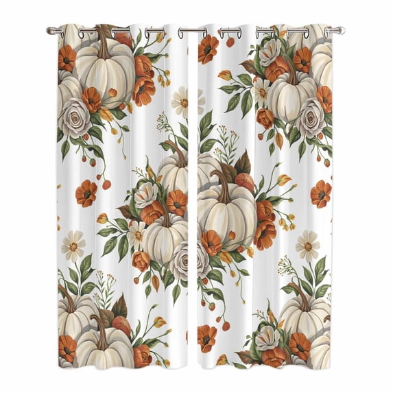 Kitchen Curtains 84 Inch Length 2 Panels, Pumpkin Floral Grommets Window Treatment Curtain, Thanksgiving Fall Botanical Leaves Thermal Curtains Drapes for Living Room/Bathroom