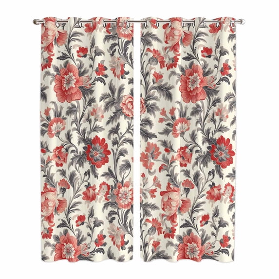 Kitchen Curtains 84 Inch Length 2 Panels, Red Black Floral Grommets Window Treatment Curtain, Vintage Watercolor Flower Leaf Plant Thermal Curtains Drapes for Living Room/Bathroom