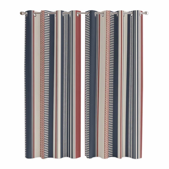 Kitchen Curtains 84 Inch Length 2 Panels, Red Blue Beige Grommets Window Treatment Curtain, Boho Retro Colorful Abstract Striped Thermal Curtains Drapes for Living Room/Bathroom