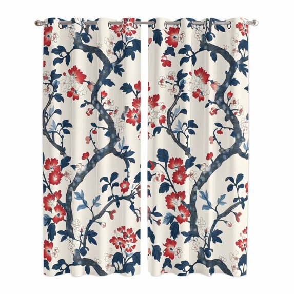 Kitchen Curtains 84 Inch Length 2 Panels, Red Blue Botanical Grommets Window Treatment Curtain, Summer Vintage Flower Leaf Branch Thermal Curtains Drapes for Living Room/Bathroom