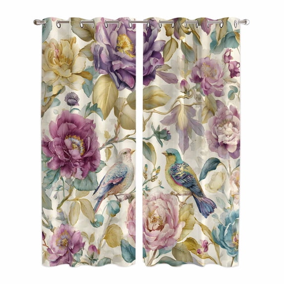 Kitchen Curtains 84 Inch Length 2 Panels, Spring Flowers Grommets Window Treatment Curtain, Farmhouse Botanical Blossom Floral Birds Thermal Curtains Drapes for Living Room/Bathroom