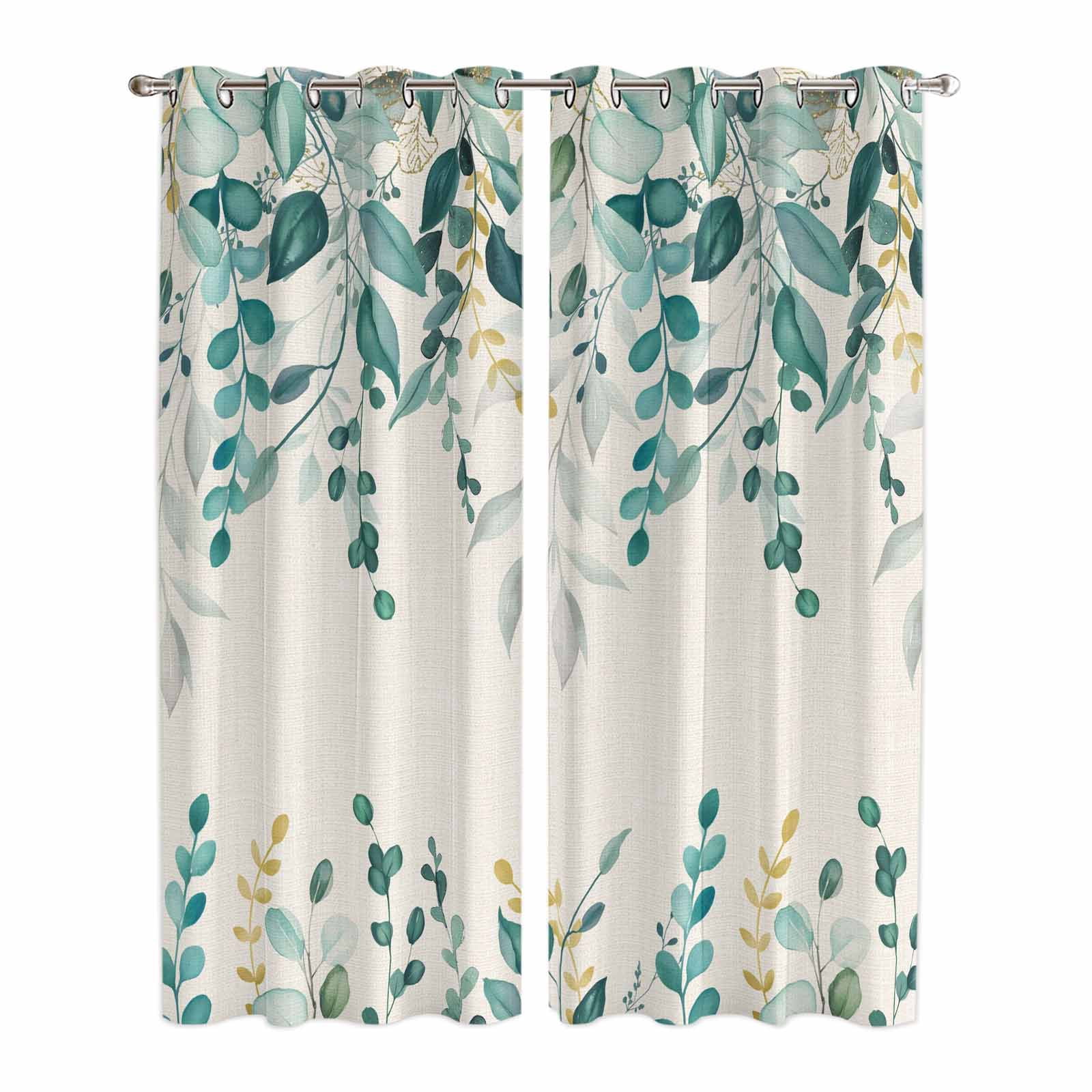 Kitchen Curtains 84 Inch Length 2 Panels, Teal Green Eucalyptus Grommets Window Treatment Curtain, Farmhouse Weeping Leaves Linen Thermal Curtains Drapes for Living Room/Bathroom