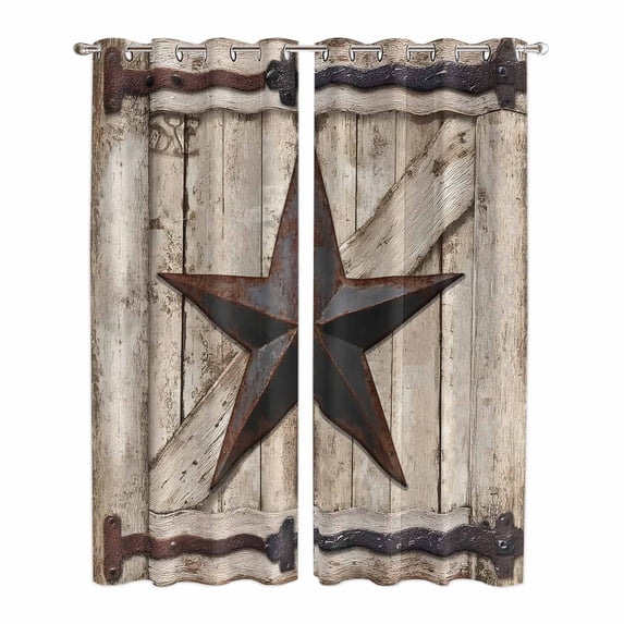 Kitchen Curtains 84 Inch Length 2 Panels, Texas Star Vintage Grommets Window Treatment Curtain, Brown Khaki Wooden Retro Art Thermal Curtains Drapes for Living Room/Bathroom
