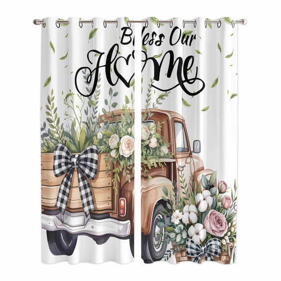 Kitchen Curtains 84 Inch Length 2 Panels, Truck Spring Floral Grommets Window Treatment Curtain, Pink Green Flowers Watercolor Thermal Curtains Drapes for Living Room/Bathroom