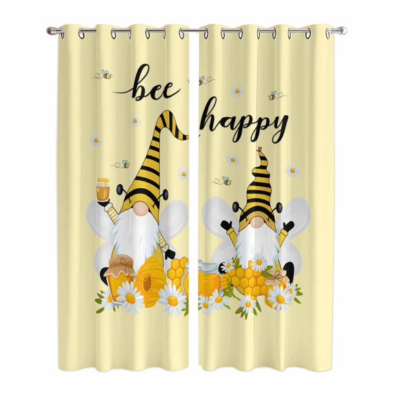 Kitchen Curtains 84 Inch Length 2 Panels, Yellow Bee Gnomes Grommets Window Treatment Curtain, Spring Floral Daisy Farmhouse Thermal Curtains Drapes for Living Room/Bathroom