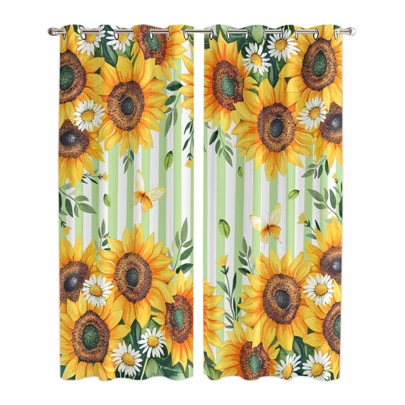 Kitchen Curtains 84 Inch Length 2 Panels, Yellow Spring Sunflowers Grommets Window Treatment Curtain, Light Green Striped Country Thermal Curtains Drapes for Living Room/Bathroom