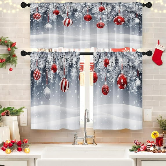 Kitchen Curtains Christmas Silver Red Balls Fir Branches Valances and Window Curtains 3 Pcs Set Magic Snowy Sparkling Snowflake Short Tier Curtain for Room Treatment Small Kitchen Window Decor