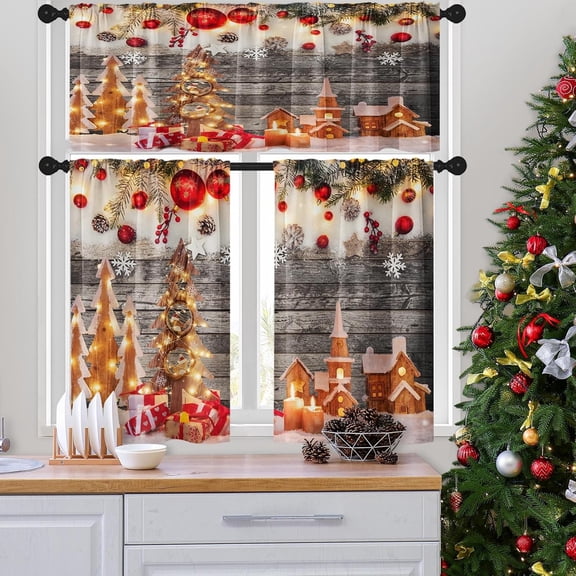 Kitchen Curtains Christmas Wood Planks Pine Cone Valances and Window Curtains 3 Pcs Set Snowflake Wooden Tree Gifts Village Short Tier Curtain for Room Treatment Small Kitchen Window Decor
