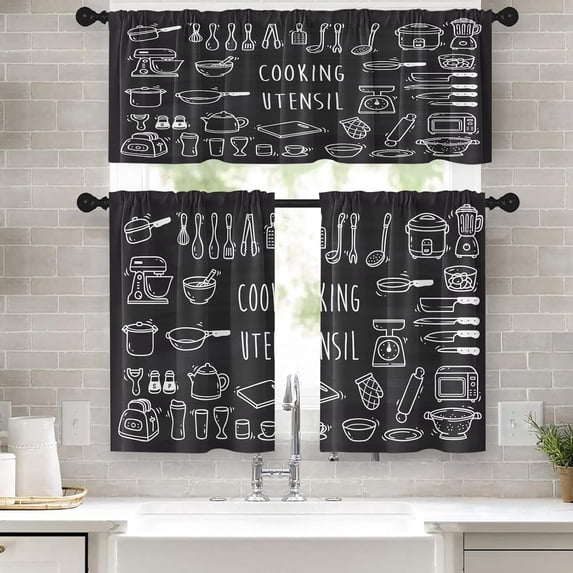 Kitchen Curtains Cooking Utensil Window Curtains Valance and Tier Set 36 Inch, Black Grey Rod Pocket Short Tier Curtain for Bathroom, Cartoon Doodle Small Cafe Curtains for Kitchen Decor