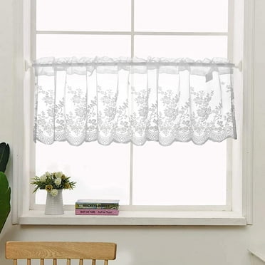 Kitchen Curtains, Leaves Embroidery Small Sheer Tier Curtains, Elegant Floral Embroidered Café Curtain Set Rod Pocket Bathroom Window Curtain, 51" x 16", White