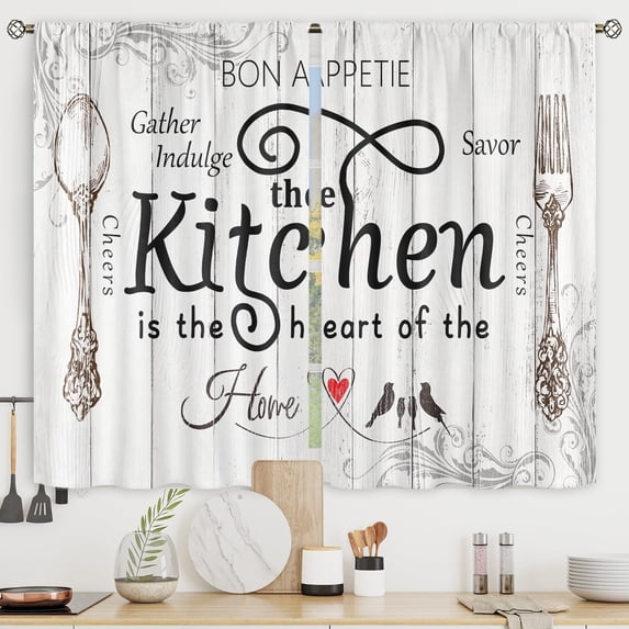 Kitchen Curtains Rustic Farmhouse 55x39 Inch Rod Pocket Country Short Small Barn Fork and Spoon Wooden Wood Plank Board Vintage Printed Cafe Window Curtains Drapes Treatment Fabric 2 Panels