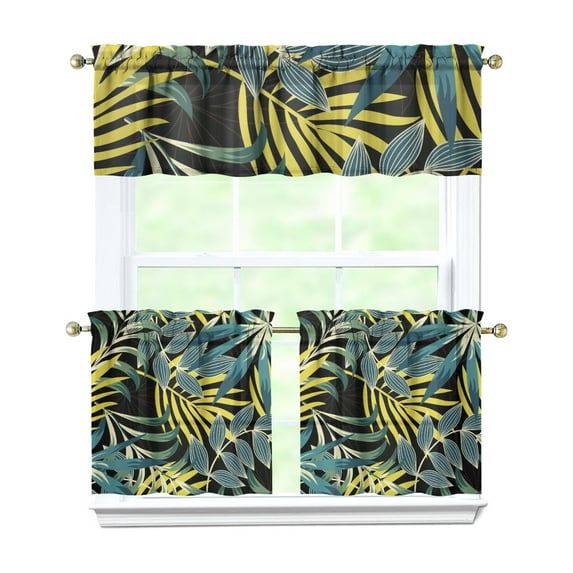 Kitchen Curtains Set 3 Piece with Tropical Palm Tree and Colorful Flowers, 27.5x24 Inch Polyester Drapes for Summer Island Kitchen