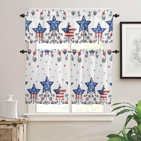 Kitchen Curtains Set, 4th of July Kitchen Curtains and Valances Set, Blue Red Star Watercolor Independence Day Rod Pocket Tier Curtains 24 Inch Length for Cafe/Bedroom Windows
