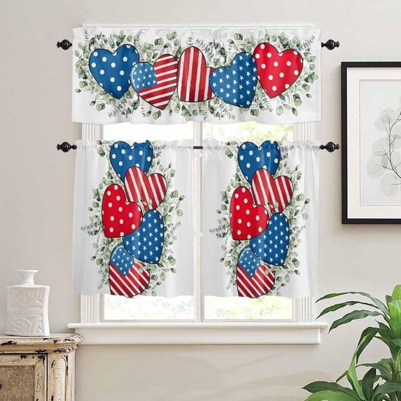 Kitchen Curtains Set, 4th of July Kitchen Curtains and Valances Set, Red Blue Love Heart Eucalyptus Leaves Botanical Rod Pocket Tier Curtains 24 Inch Length for Cafe/Bedroom Windows