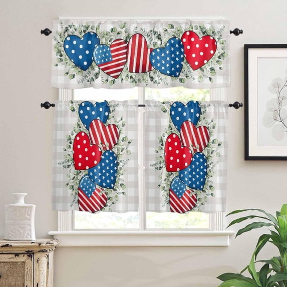 Kitchen Curtains Set, 4th of July Kitchen Curtains and Valances Set, Red Blue Love Heart Eucalyptus Leaves Grey Plaid Rod Pocket Tier Curtains 24 Inch Length for Cafe/Bedroom Windows