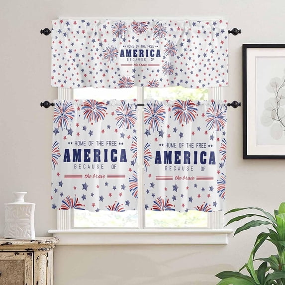 Kitchen Curtains Set, 4th of July Kitchen Curtains and Valances Set, Watercolor Blue Red Star Fireworks Rod Pocket Tier Curtains 24 Inch Length for Cafe/Bedroom Windows