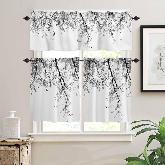 Kitchen Curtains Set, Black Branch Kitchen Curtains and Valances Set, Birds Modern Abstract Art Classic Black Rod Pocket Tier Curtains 24 Inch Length for Cafe/Bedroom Windows