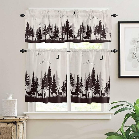Kitchen Curtains Set, Black Forest Kitchen Curtains and Valances Set, Pastoral Deer Animals Silhouette Rustic Rod Pocket Tier Curtains 24 Inch Length for Cafe/Bedroom Windows