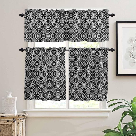 Kitchen Curtains Set, Black Grey Kitchen Curtains and Valances Set, Morocco Modern Geometric Ethnic Art Rod Pocket Tier Curtains 24 Inch Length for Cafe/Bedroom Windows