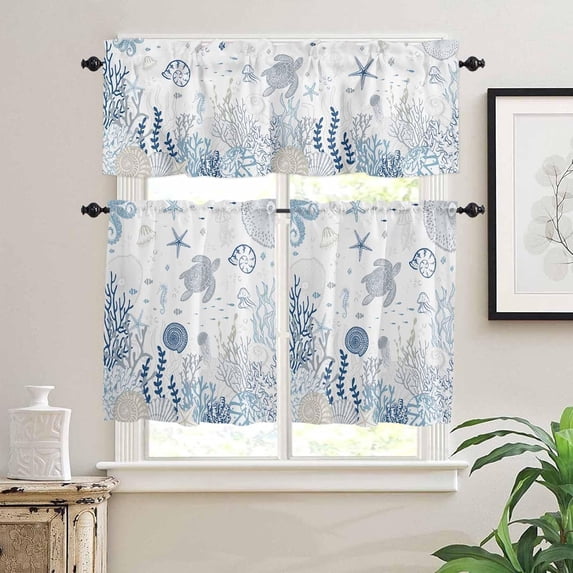 Kitchen Curtains Set, Blue Coastal Kitchen Curtains and Valances Set, Nautical Summer Beach Sea Turtle Coral Rod Pocket Tier Curtains 24 Inch Length for Cafe/Bedroom Windows