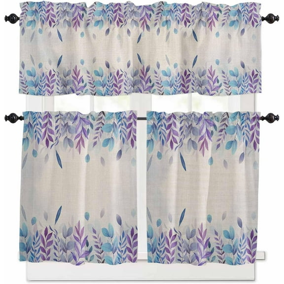 Kitchen Curtains Set, Blue Purple Botanical Kitchen Curtains and Valances Set, Rustic Eucalyptus Leaves Burlap Rod Pocket Tier Curtains 24 Inch Length for Cafe/Bedroom Windows