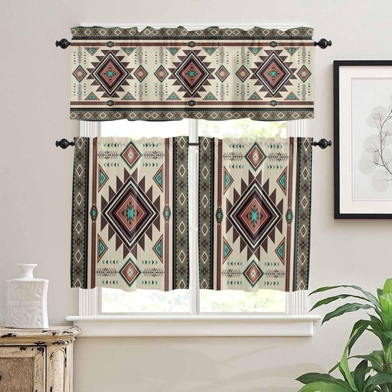 Kitchen Curtains Set, Brown Western Kitchen Curtains and Valances Set, Ethnic Boho Geometric Abstract Southwest Rod Pocket Tier Curtains 24 Inch Length for Cafe/Bedroom Windows