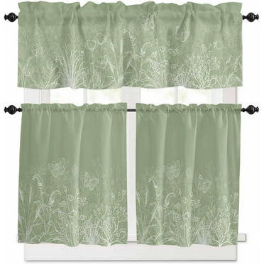 Kitchen Curtains Set, Fall Sage Green Floral Kitchen Curtains and Valances Set, Summer Autumn Butterfly Rod Pocket Tier Curtains 24 Inch Length for Cafe/Bedroom Windows