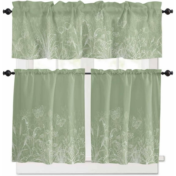 Kitchen Curtains Set, Fall Sage Green Floral Kitchen Curtains and Valances Set, Summer Autumn Butterfly Rod Pocket Tier Curtains 24 Inch Length for Cafe/Bedroom Windows