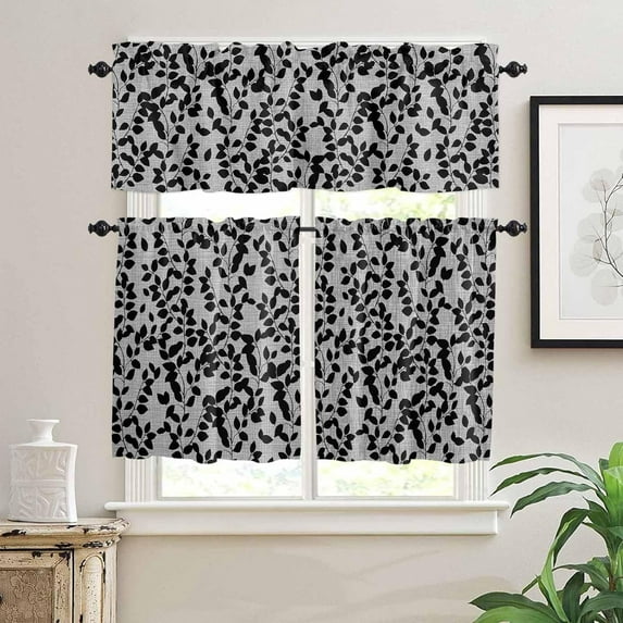 Kitchen Curtains Set, Grey Black Botanical Kitchen Curtains and Valances Set, Pastoral Spring Floral Summer Art Rod Pocket Tier Curtains 36 Inch Length for Cafe/Bedroom Windows